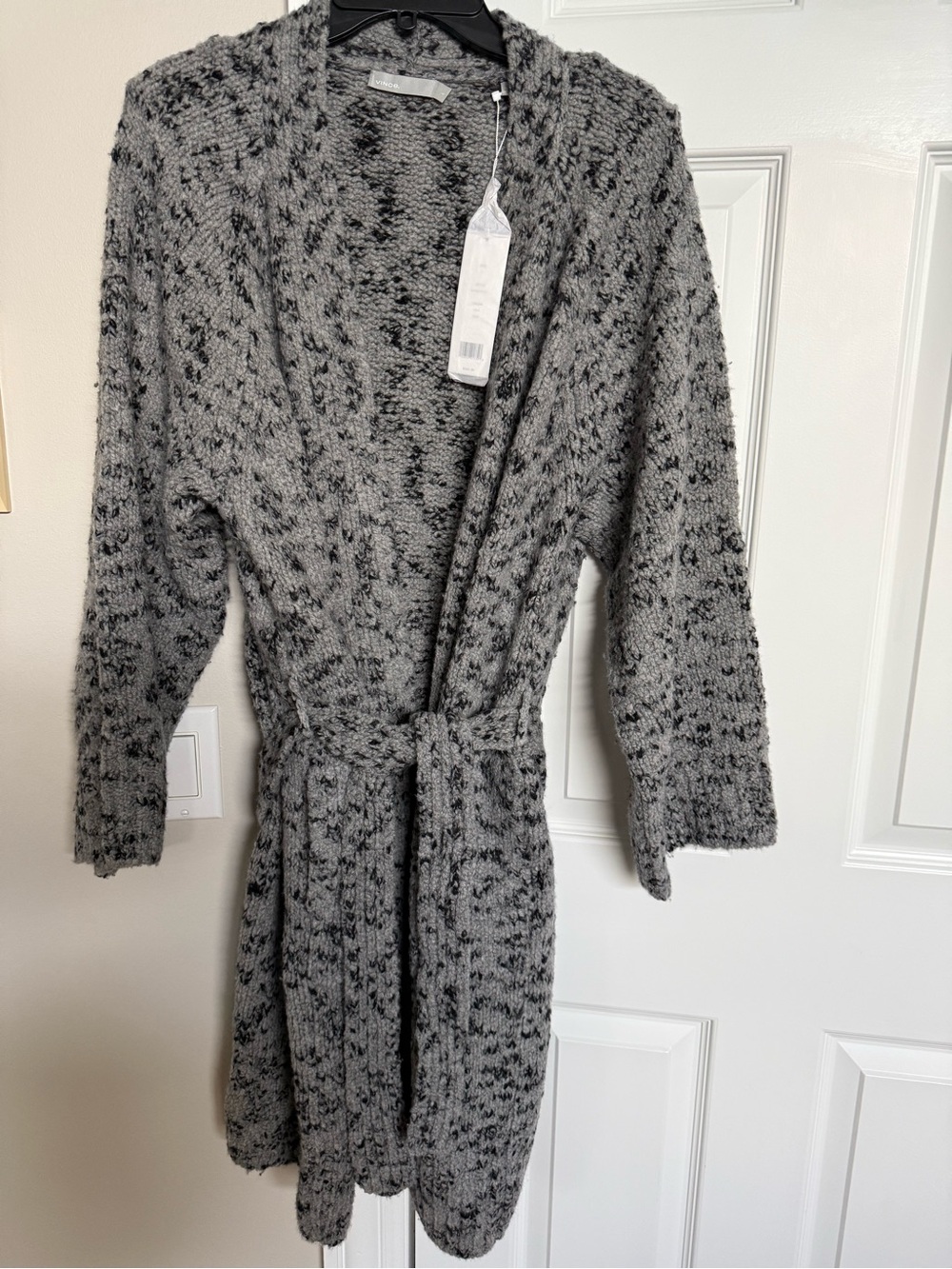 Vince Long Cozy Long Knit Cardigan - Gray, black multi .